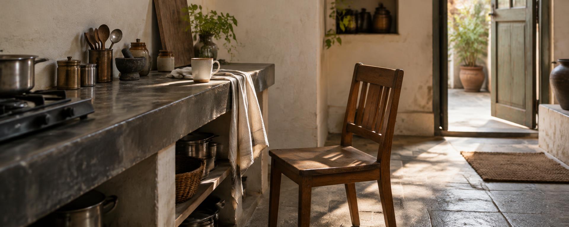 Morning sunlight across a stone floor, a cup left on the counter and a chair pulled out beside it